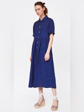 Zara Women blue 100% linen midi shirt dress. Peter Pan Collar & puff sleeves